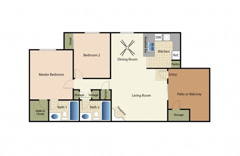 Two bedrooms two bathrooms apartment floorplan